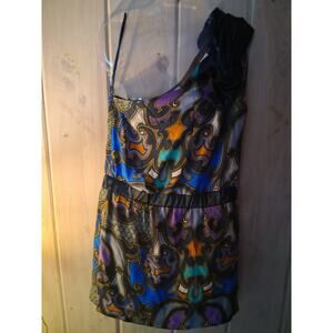 100% SILK Mini Dress by Jaloux Size Medium One-Shoulder Design Paisley  MINI